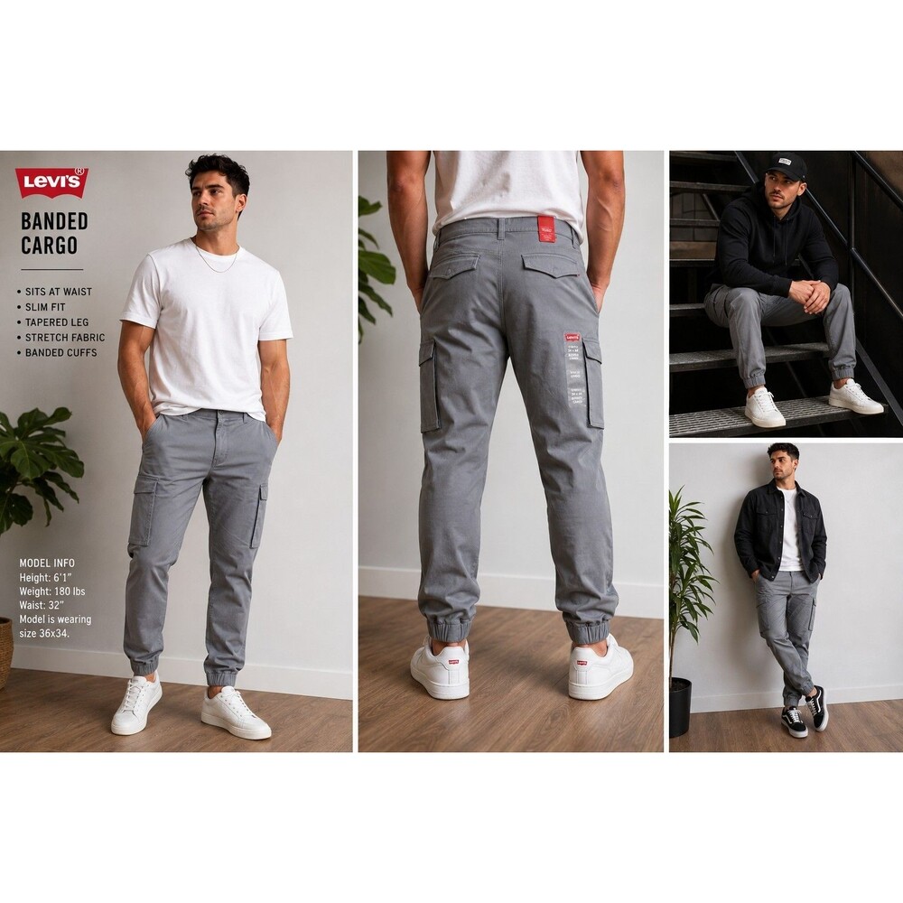 New Levi’s Men’s 36x34 Gray Banded Cargo Jogger Pants Slim Tapered Stretch NWT